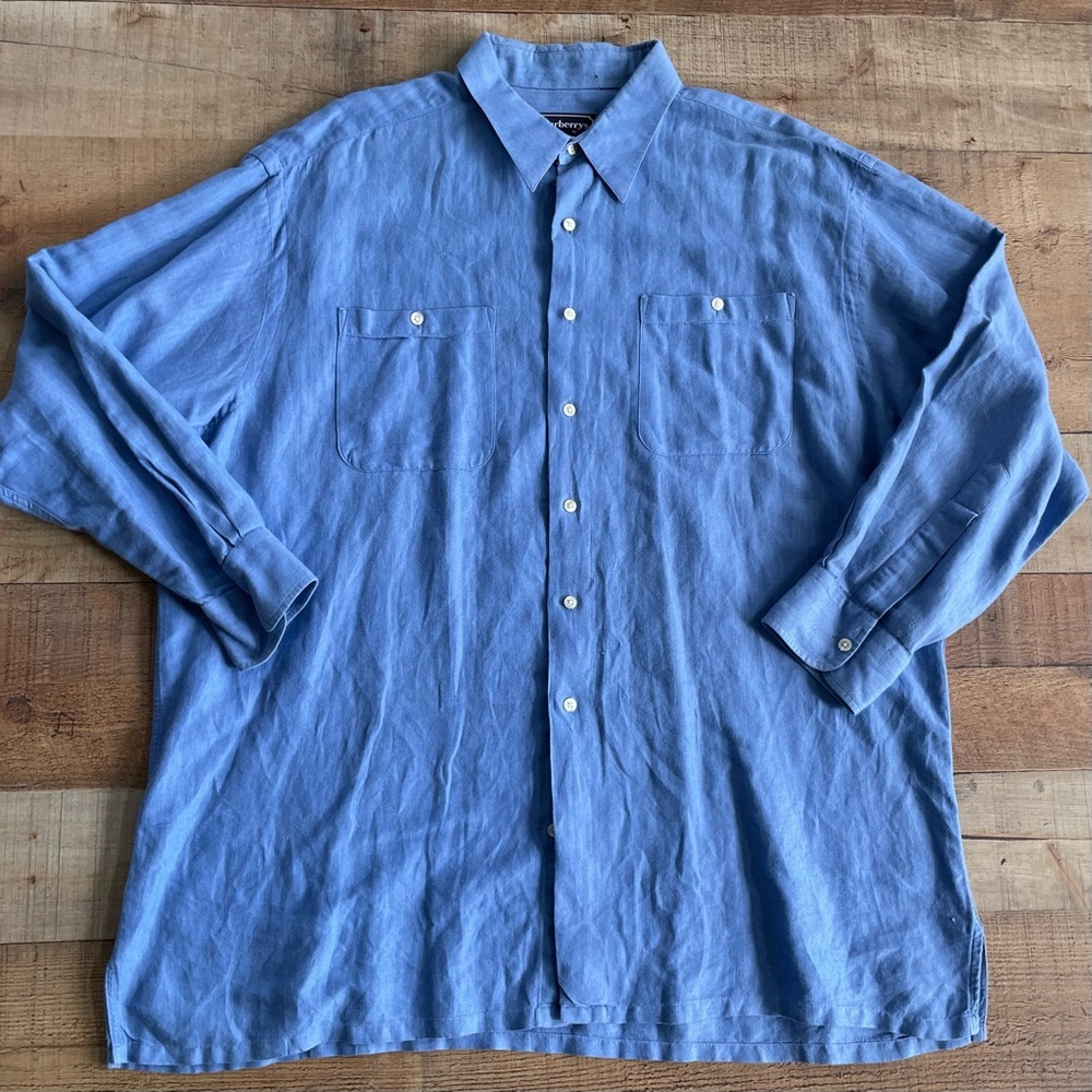 Burberrys Cotton Linen Blend Casual Button Down Summer Shirt Blue Men XLARGE